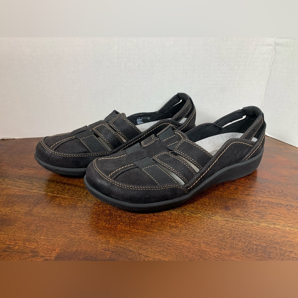 Clarks Cloudsteppers Women 8.5US Black Slide On Open Loafer Cushion Soft Comfort